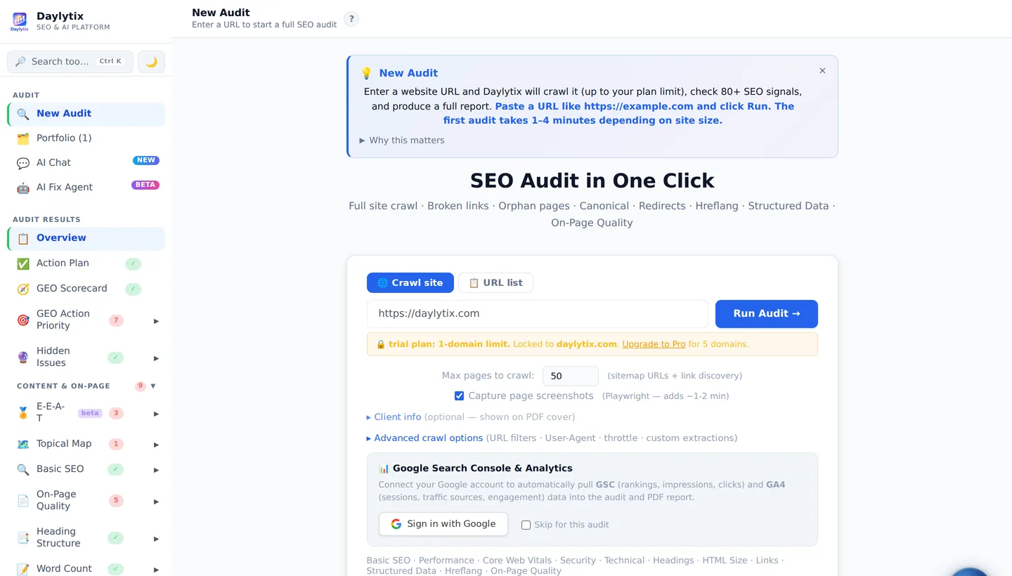 The Daylytix New Audit screen with URL field, page limit, screenshot toggle and Google sign-in