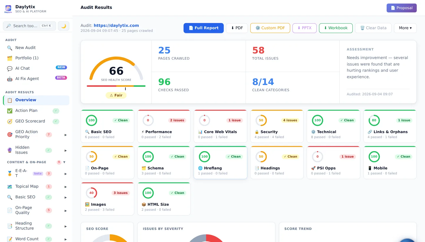 Daylytix audit results overview showing the score, issue counts and the grouped sidebar