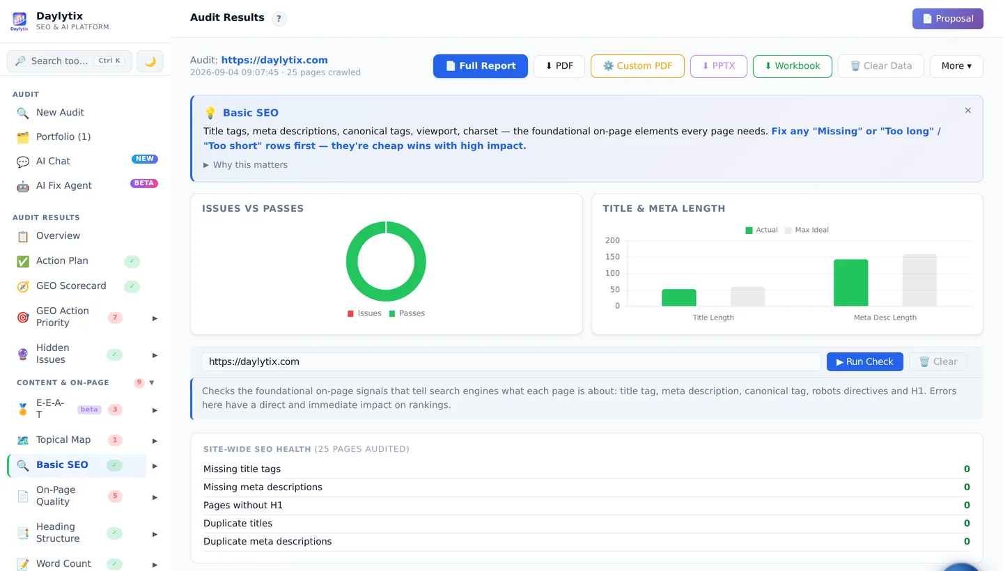 Daylytix Basic SEO section: title, meta description, H1, canonical and robots findings