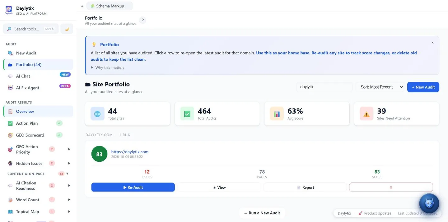 Daylytix Portfolio filtered to one site, with its latest score, issues and pages crawled