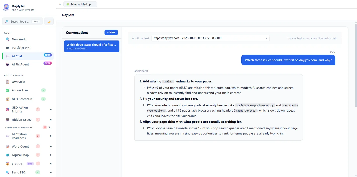 Daylytix AI Chat answering which three issues to fix first on daylytix.com, using that audit