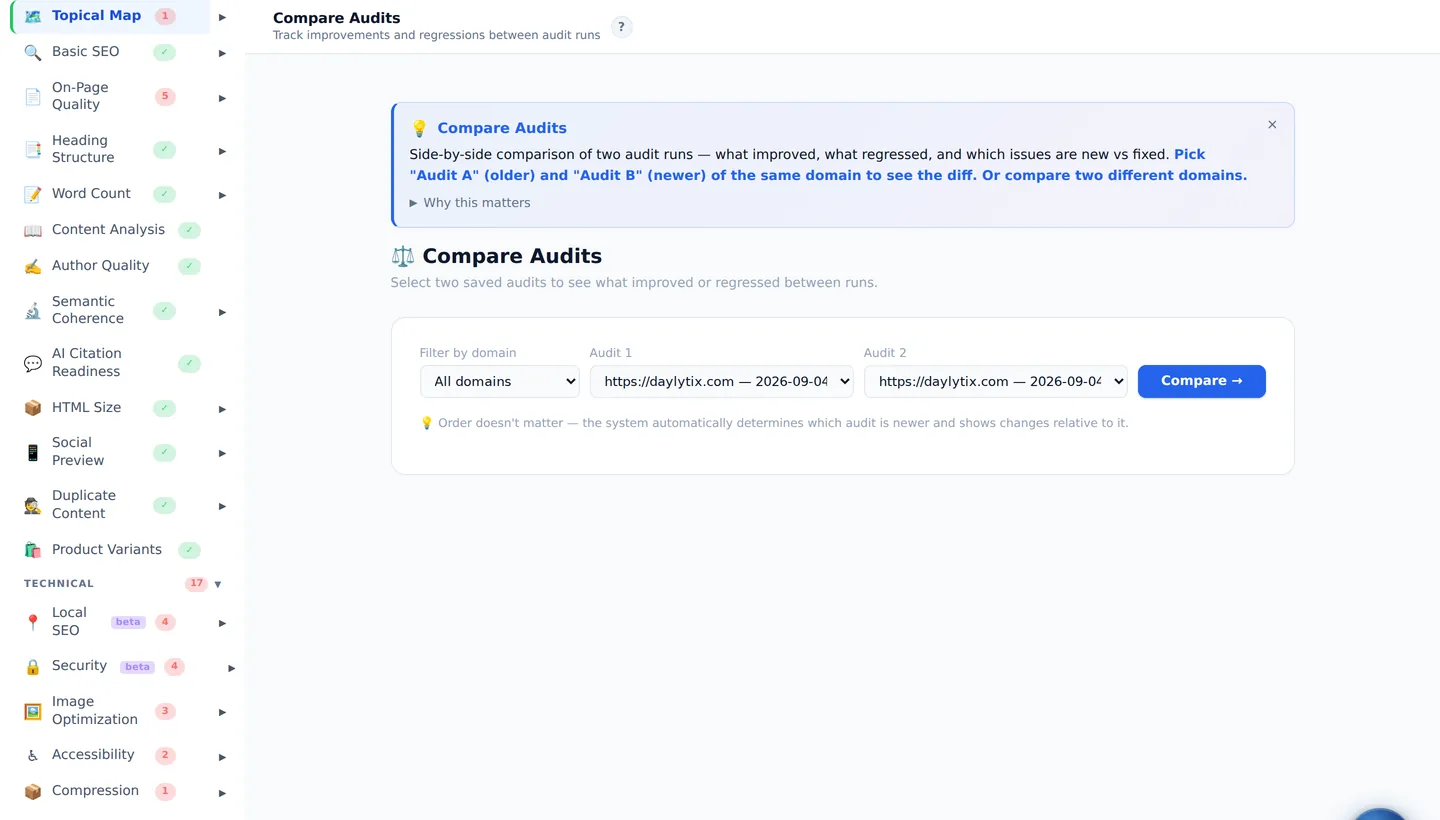 Daylytix Compare view showing what changed between two audits