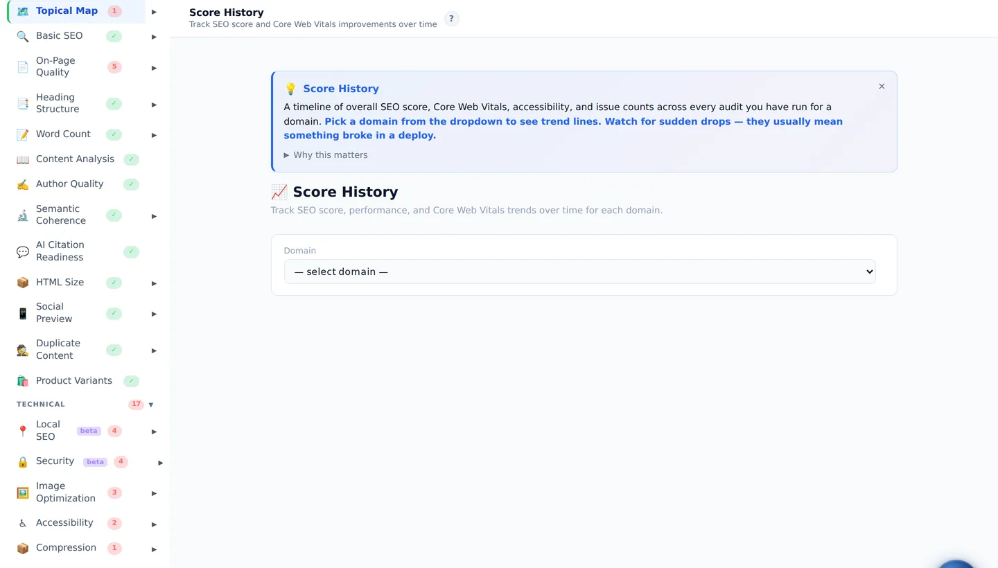 Daylytix audit history listing previous runs per domain