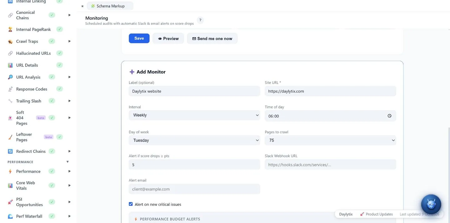 Daylytix Add Monitor form: weekly re-audit of daylytix.com with score-drop and critical-issue alerts