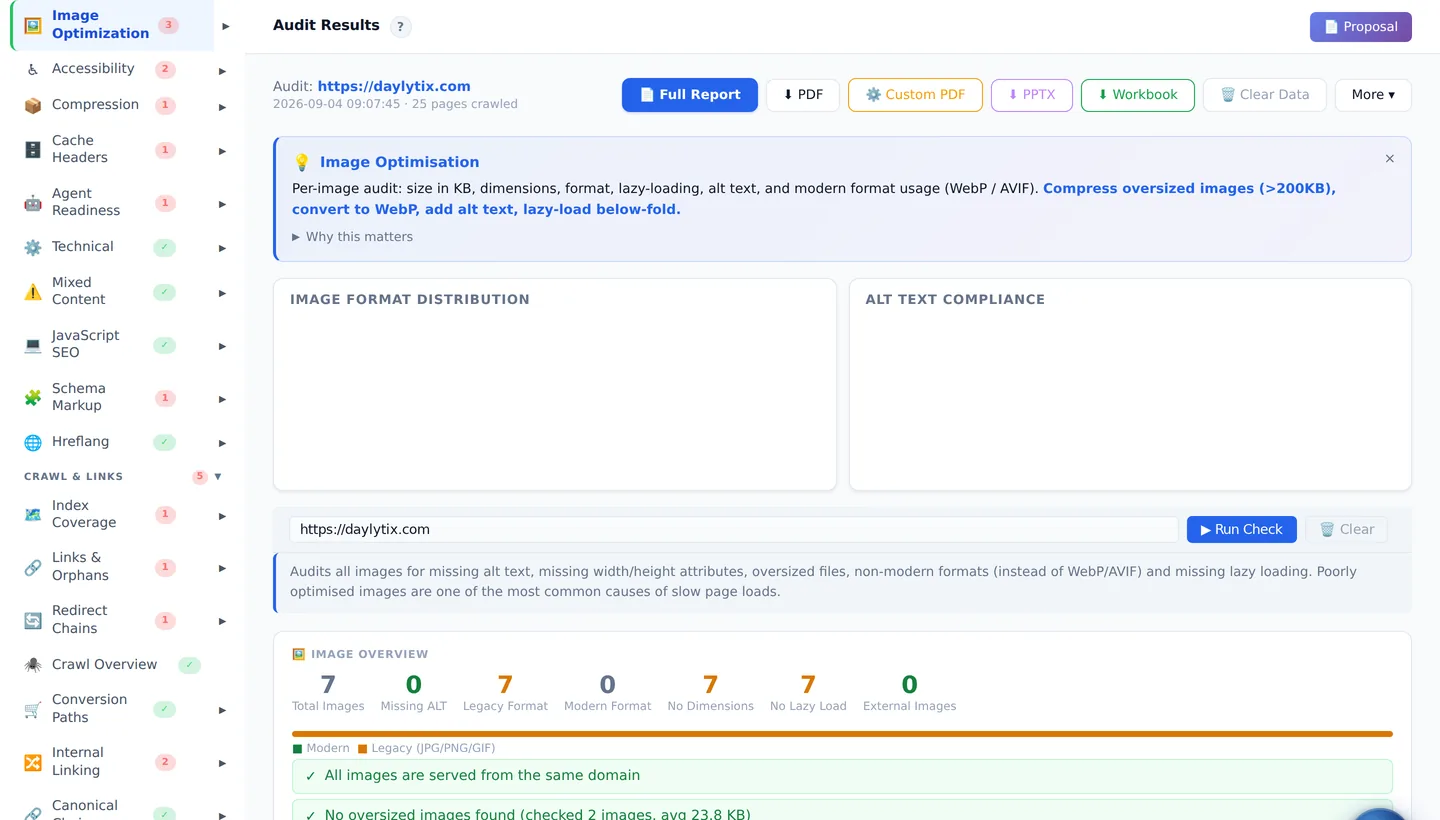 Daylytix Image Optimization section listing oversized and legacy-format images