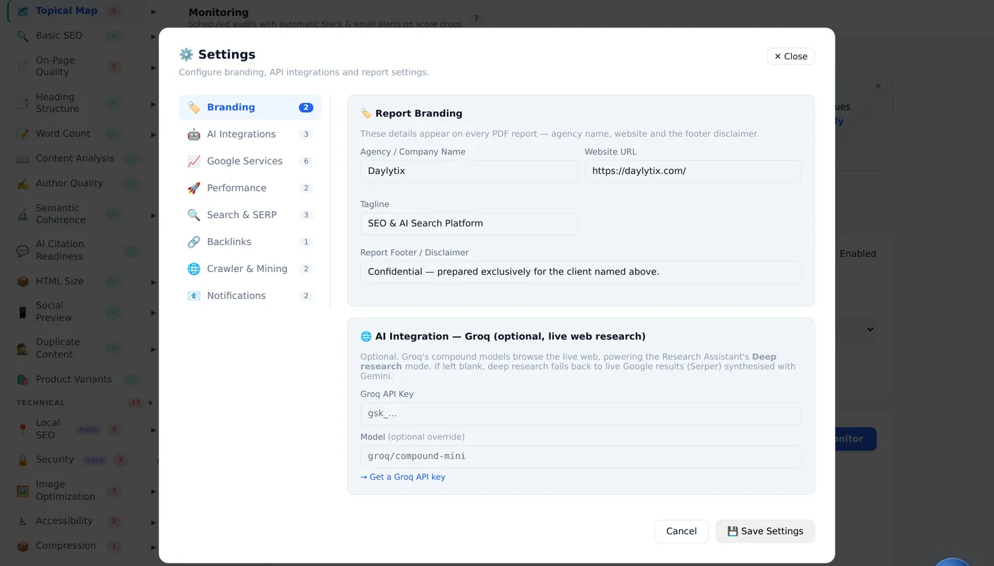 Daylytix Settings, Branding tab: agency name, website, tagline and report footer
