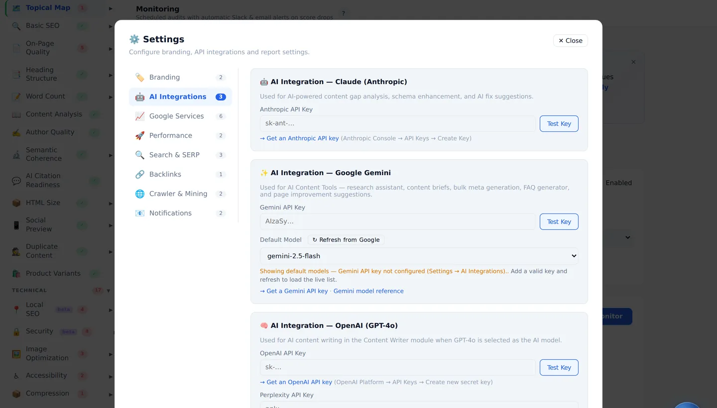 Daylytix Settings, AI Integrations tab with Gemini, Claude and OpenAI key fields