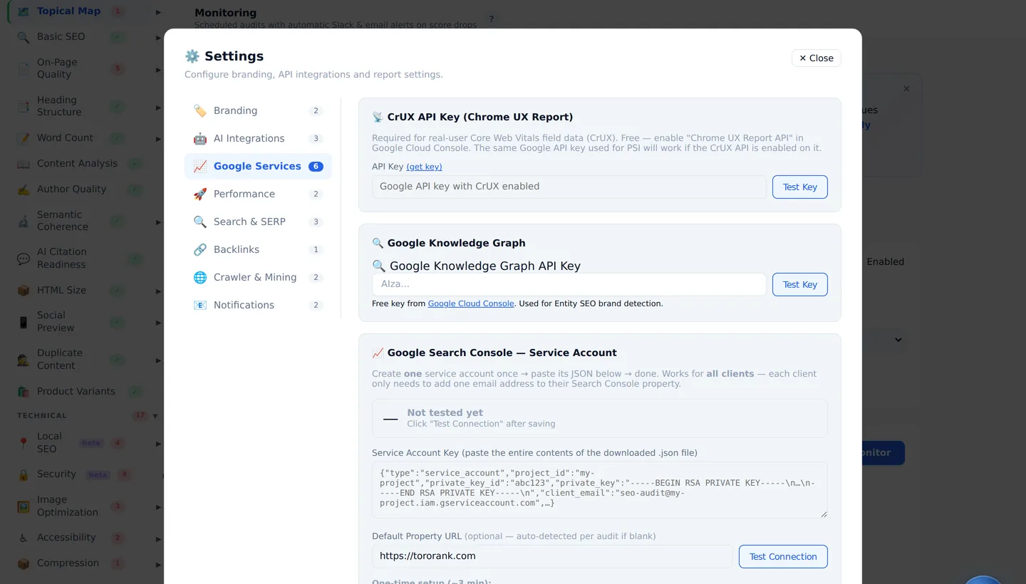 Daylytix Settings, Google Services tab for Search Console and GA4