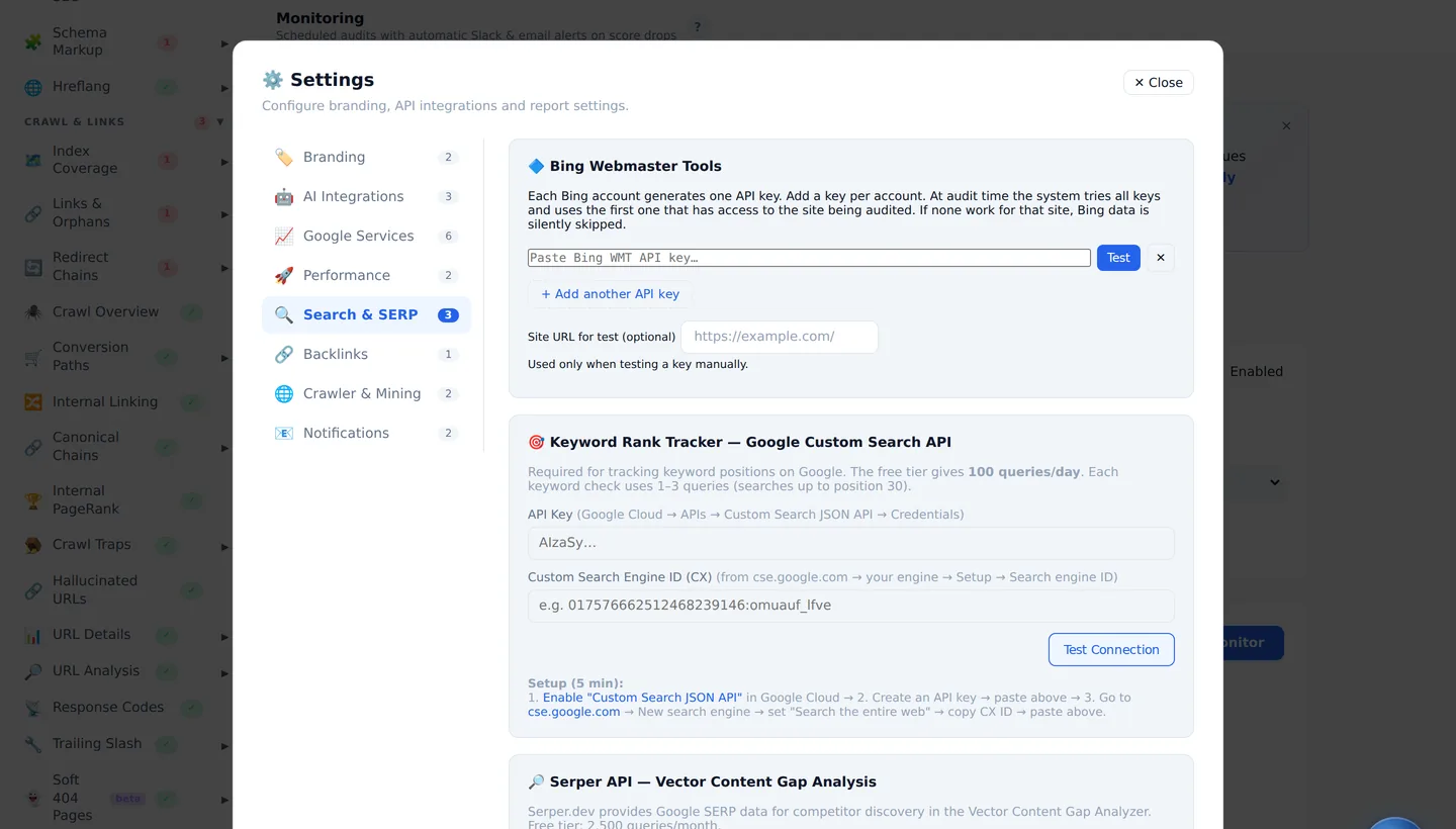 Daylytix Settings, Search and SERP tab with Bing Webmaster Tools, Google Custom Search and Serper