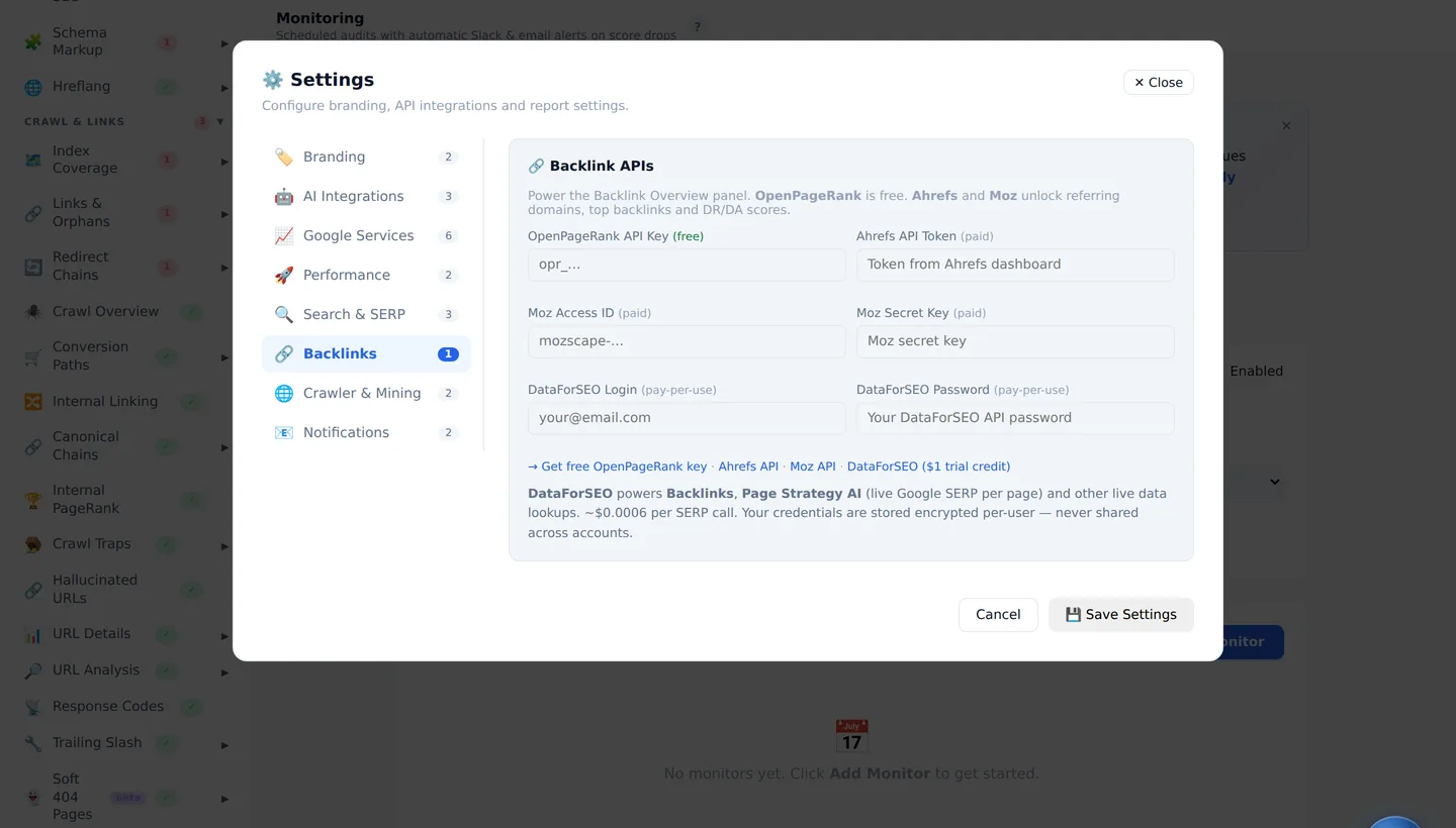 Daylytix Settings, Backlinks tab showing the DataForSEO login and password fields