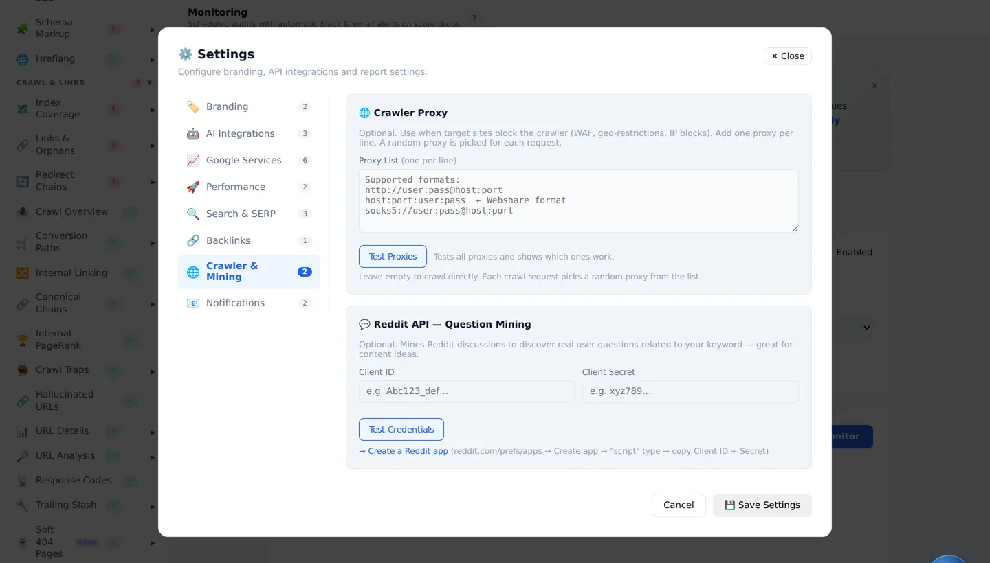 Daylytix Settings, Crawler and Mining tab