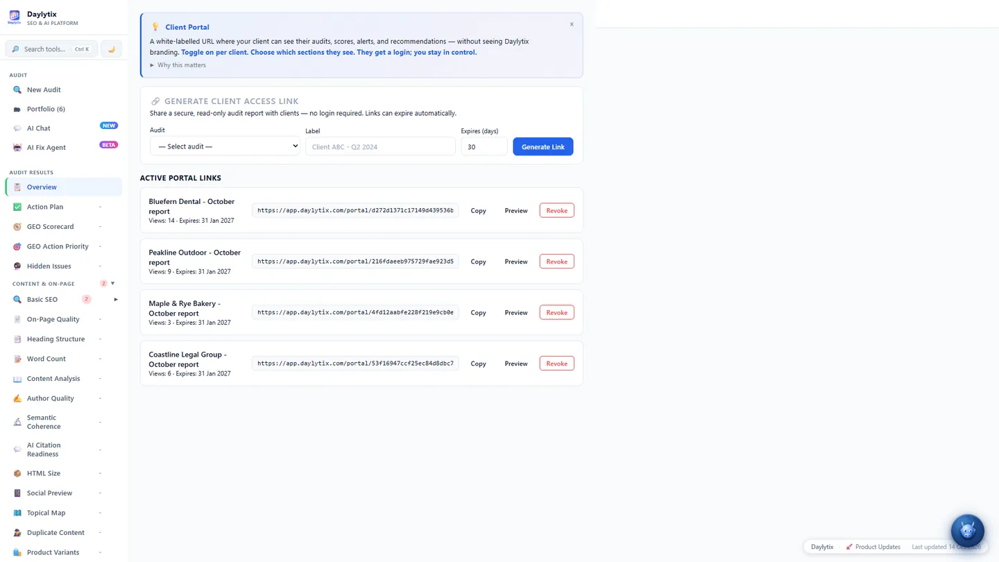 Daylytix Client Portal: active portal links per client with views, expiry date and buttons to copy, preview or revoke