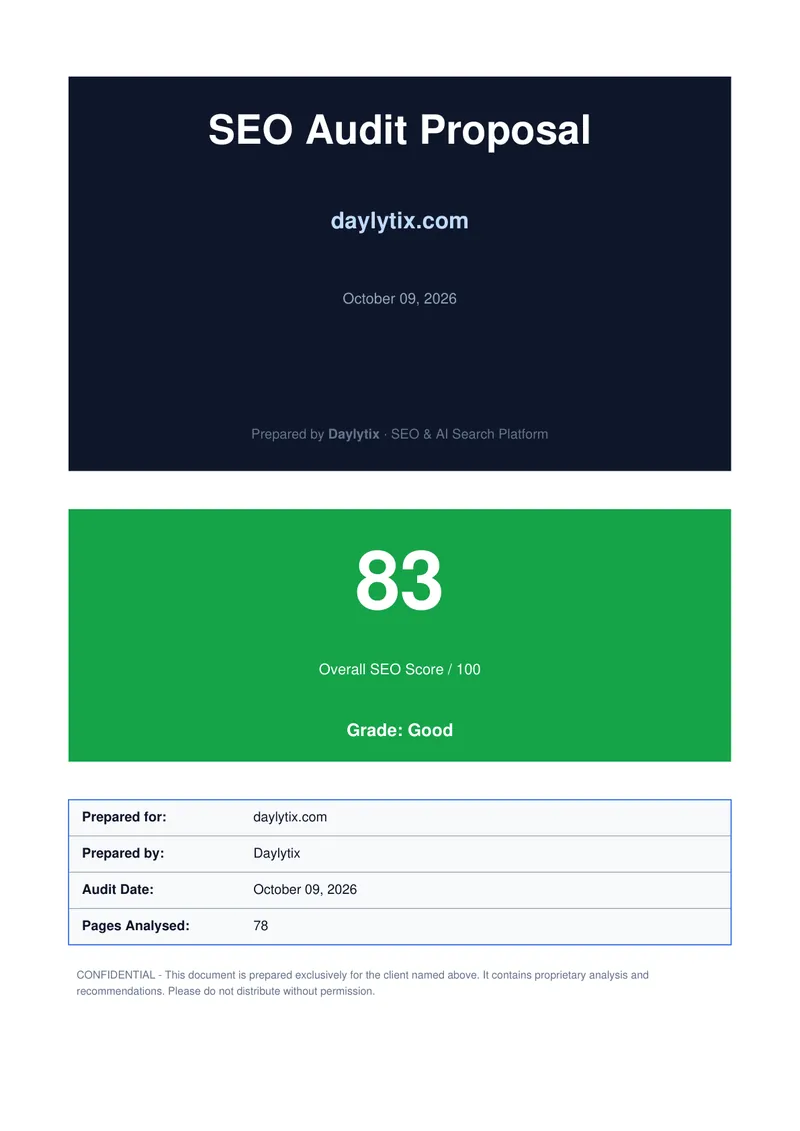 Cover of a Daylytix SEO audit proposal PDF for daylytix.com with the overall SEO score